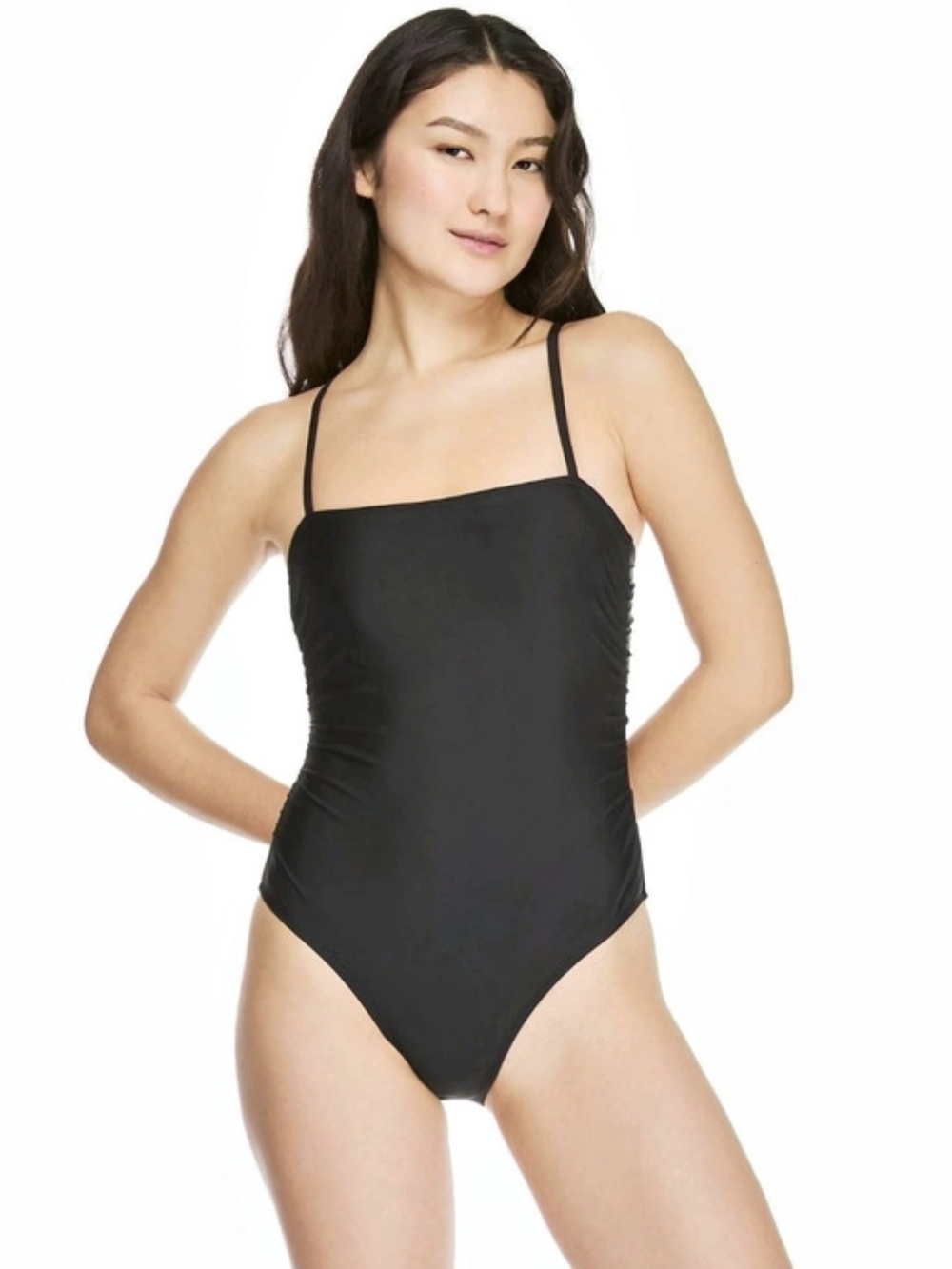 Reebok Women's Square Neck Ruched One-Piece Swimsuit Black Small